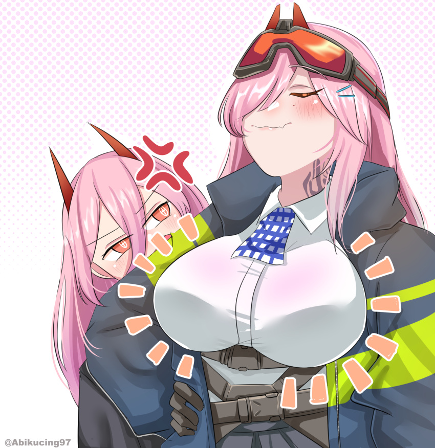 2girls abineko absurdres artist_name bangs belt blue_jacket blue_skirt blush breasts chainsaw_man closed_eyes closed_mouth crossover eyebrows_visible_through_hair eyewear_on_head girls_frontline hand_on_hip highres horns jacket large_breasts long_hair looking_at_another mole mole_under_eye multiple_girls neck_tattoo open_clothes open_jacket orange_hair pink_hair police police_uniform power_(chainsaw_man) shirt sig_mcx_(girls_frontline) simple_background skirt smile tattoo uniform white_shirt