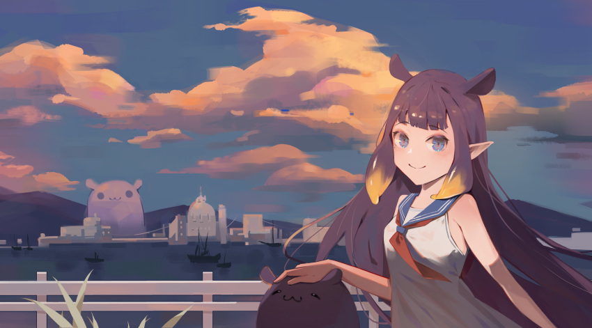 1girl :3 bangs blue_eyes boat clouds dress english_commentary eyebrows_visible_through_hair floating_hair hair_behind_ear highres hololive hololive_english long_hair looking_at_viewer meiyan_(boyimachao) mole mole_under_eye mountain ninomae_ina'nis ocean petting pointy_ears purple_hair sailor_collar sky skyline smile tako_(ninomae_ina'nis) tentacle_hair virtual_youtuber watercraft white_dress