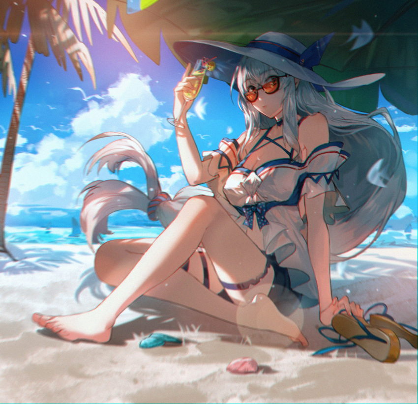 1girl arknights bangs bare_legs bare_shoulders barefoot beach blue_sky boxzz clouds cup day drinking_glass eyebrows_visible_through_hair hand_up highres holding holding_cup long_hair low-tied_long_hair off-shoulder_shirt off_shoulder outdoors palm_tree sandals_removed shirt short_sleeves silver_hair skadi_(arknights) skadi_(waverider)_(arknights) sky solo sunglasses tree very_long_hair white_headwear white_shirt