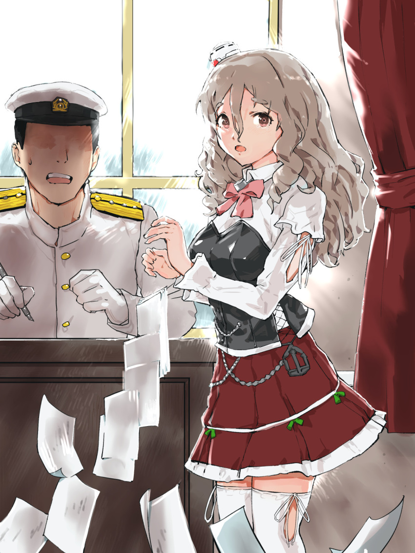 1boy 1girl admiral_(kancolle) bow bowtie brown_eyes commentary_request corset desk faceless faceless_male fountain_pen grey_hair hat highres igarasy kantai_collection mini_hat miniskirt paper pen pola_(kancolle) red_skirt shirt skirt thick_eyebrows thigh-highs tilted_headwear wavy_hair white_legwear white_shirt window