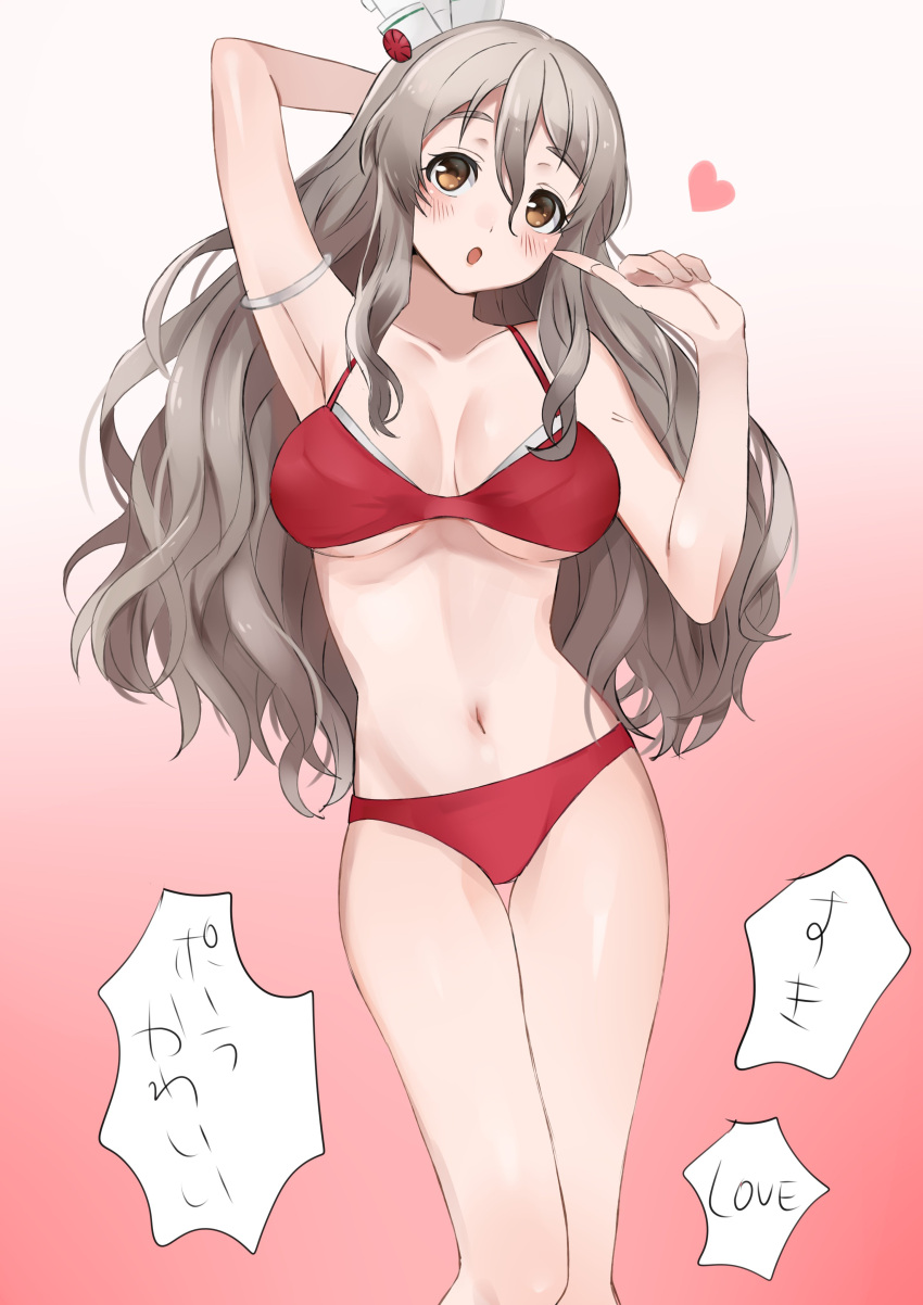 1girl absurdres bikini brown_eyes commentary_request cowboy_shot gradient gradient_background grey_hair hat highres index_finger_raised kantai_collection mini_hat open_mouth pola_(kancolle) red_background red_bikini solo standing swimsuit tilted_headwear toriniku_senshi_chikinman translation_request wavy_hair