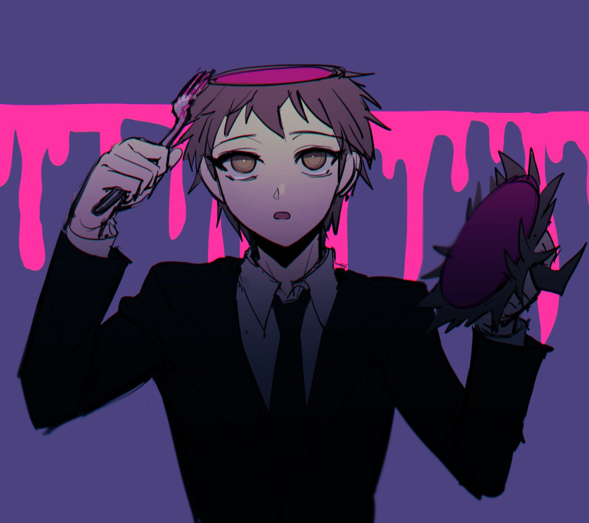 1boy :o ahoge bangs black_jacket black_neckwear blood brown_eyes brown_hair collared_shirt dangan_ronpa_(series) dangan_ronpa_3_(anime) fork formal gloves gwanlamcha highres hinata_hajime holding holding_fork holding_head jacket long_sleeves looking_up male_focus necktie official_alternate_costume open_mouth pink_blood purple_background self-cannibalism shirt short_hair simple_background solo suit symbol_commentary tagme upper_body white_shirt