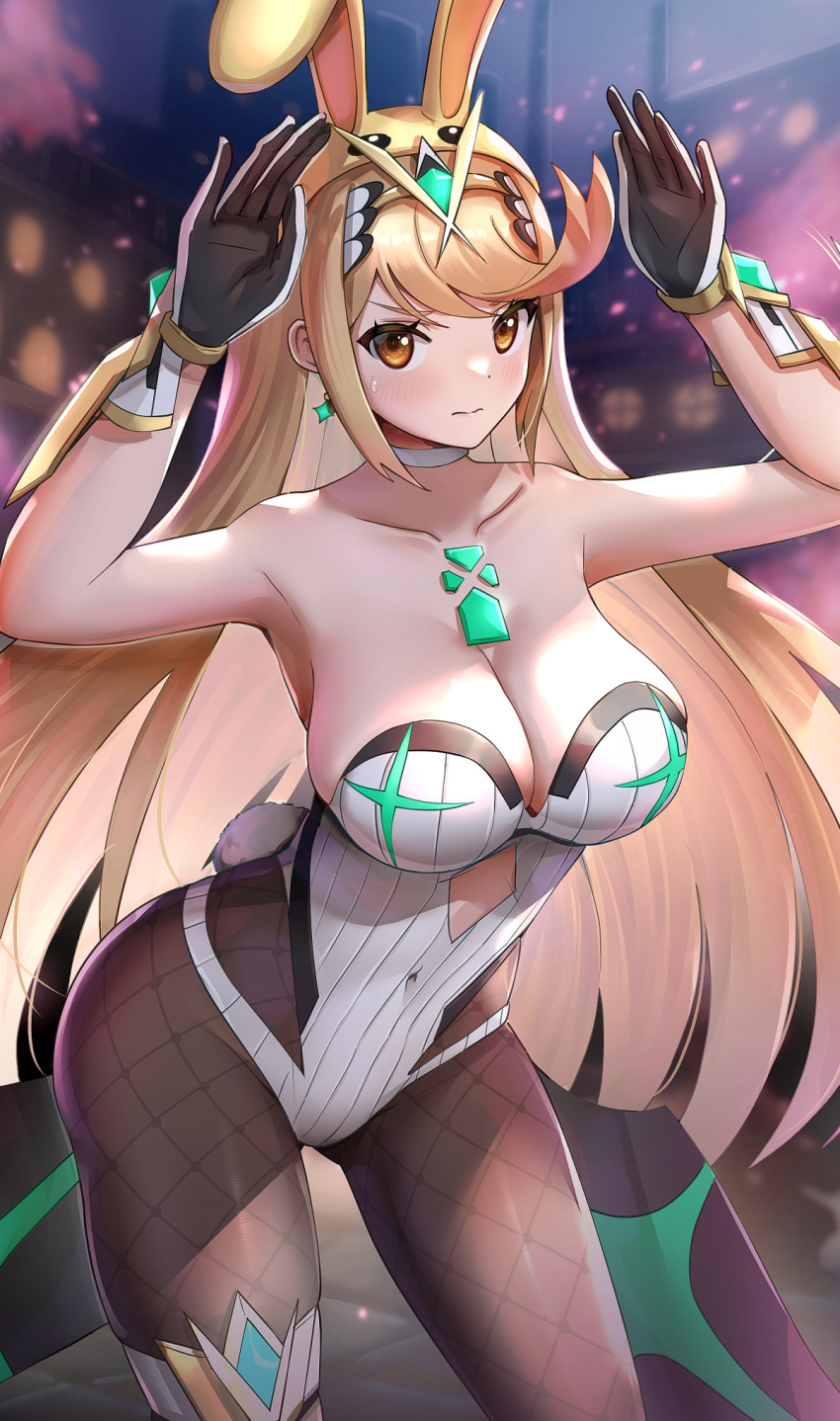 1girl animal_ears bangs blonde_hair breasts chest_jewel gonzarez highres large_breasts long_hair mythra_(xenoblade) rabbit_ears solo swept_bangs tiara very_long_hair xenoblade_chronicles_(series) xenoblade_chronicles_2 yellow_eyes