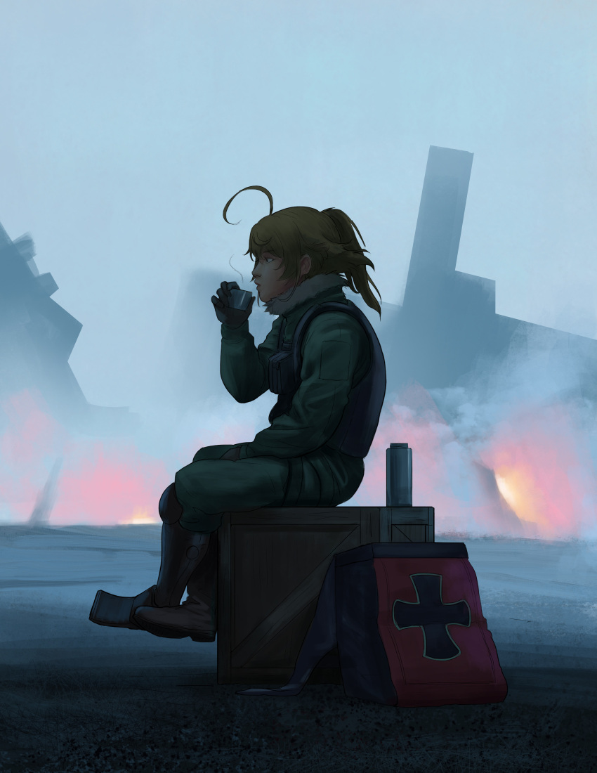 1girl absurdres ahoge bag black_gloves blonde_hair boots bottle box brown_footwear cup debris fire from_side full_body gloves highres md5_mismatch ponytail sitting smoke solo tanya_degurechaff thermos triximity wooden_box youjo_senki