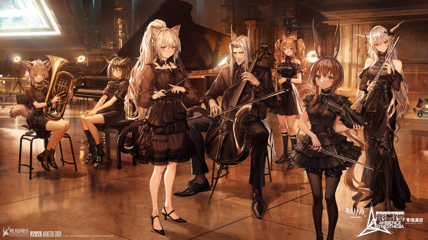 1boy 6+girls amiya_(arknights) angelina_(arknights) animal_ears antenna_hair arknights bare_shoulders baton_(instrument) black_dress black_footwear black_jacket black_legwear black_pants blue_eyes brown_eyes brown_hair cat_ears cat_tail cello commentary_request dress facial_hair flute fox_ears fox_tail glasses goatee hellagur_(arknights) high_heels highres holding holding_instrument horns indoors instrument jacket lm7_(op-center) long_hair multiple_girls mustache off-shoulder_dress off_shoulder official_alternate_costume official_art pants piano ponytail puffy_short_sleeves puffy_sleeves rabbit_ears red_eyes schwarz_(arknights) shining_(arknights) shoes short_hair short_sleeves silence_(arknights) silver_hair sitting standing sussurro_(arknights) tail trumpet tuba twintails very_long_hair violin wristband