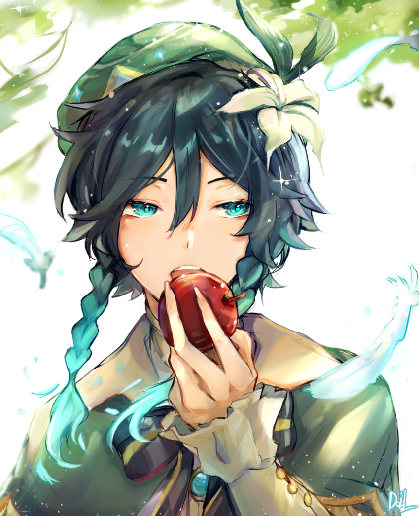 1boy androgynous apple bangs beret black_hair blue_hair bow braid brooch cape collared_cape doid070 eating eyebrows_visible_through_hair feathers flower food frilled_sleeves frills fruit gem genshin_impact gradient_hair green_eyes green_headwear hair_flower hair_ornament hat highres holding holding_food holding_fruit jewelry leaf long_sleeves looking_to_the_side male_focus multicolored_hair open_mouth short_hair_with_long_locks solo sparkle twin_braids venti_(genshin_impact) white_flower