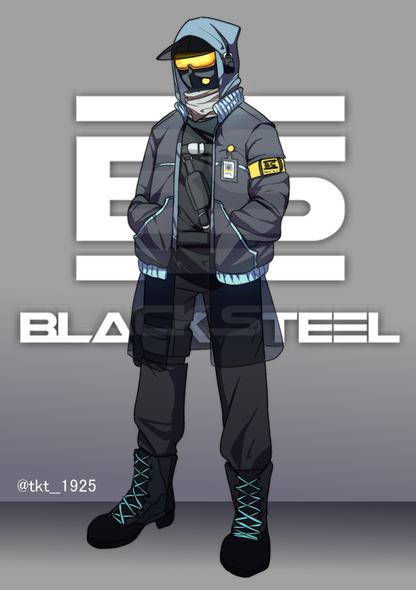 1other absurdres alternate_costume arknights artist_name black_clothes black_footwear black_jacket black_pants blacksteel_worldwide_(arknights) blacksteel_worldwide_logo doctor_(arknights) english_commentary english_text goggles grey_background grey_scarf hands_in_pockets highres hood hooded_jacket jacket mask pants scarf solo takato1925 what_if