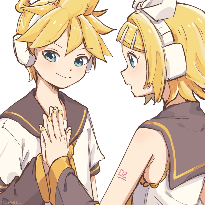 1boy 1girl aqua_eyes arm_warmers bangs bare_shoulders black_collar blonde_hair bow collar commentary grey_collar hair_bow hair_ornament hairclip hands_together headphones highres kagamine_len kagamine_rin m0ti nail_polish necktie open_mouth palms_together sailor_collar school_uniform shirt short_hair short_ponytail short_sleeves shoulder_tattoo sketch sleeveless sleeveless_shirt smile spiky_hair swept_bangs tattoo upper_body vocaloid white_background white_bow white_shirt yellow_nails yellow_neckwear