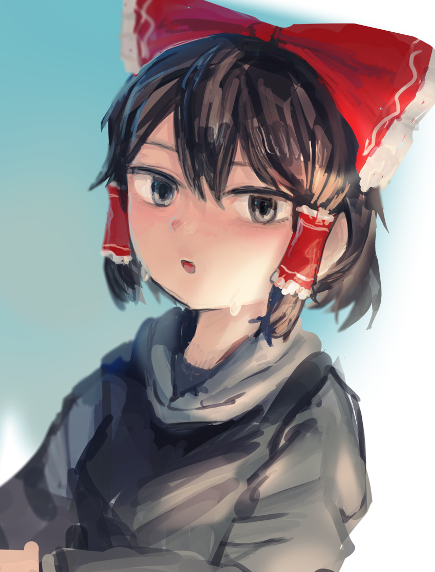 1girl bangs black_eyes black_hair black_hoodie blue_background blush bow commentary_request cookie_(touhou) frilled_bow frilled_hair_tubes frills hair_between_eyes hair_bow hair_tubes hakonnbo hakurei_reimu highres hood hoodie looking_at_viewer maru_(cookie) open_mouth red_bow short_hair solo touhou upper_body