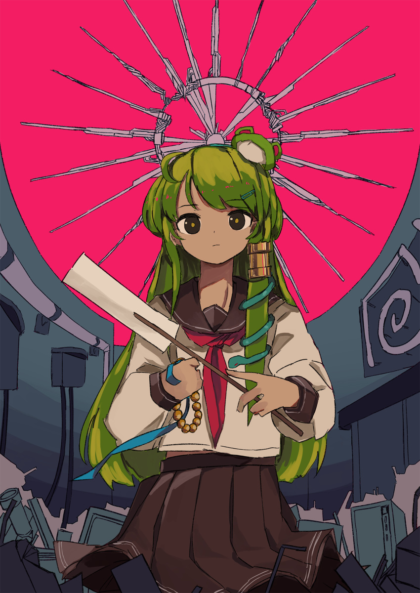 1girl alternate_costume alternate_eye_color beads closed_mouth cowboy_shot cropped_legs frog_hair_ornament gohei green_hair hair_ornament hair_tubes halo highres holding kochiya_sanae long_sleeves looking_at_viewer neruzou prayer_beads school_uniform serafuku snake_hair_ornament solo standing touhou trash_pile