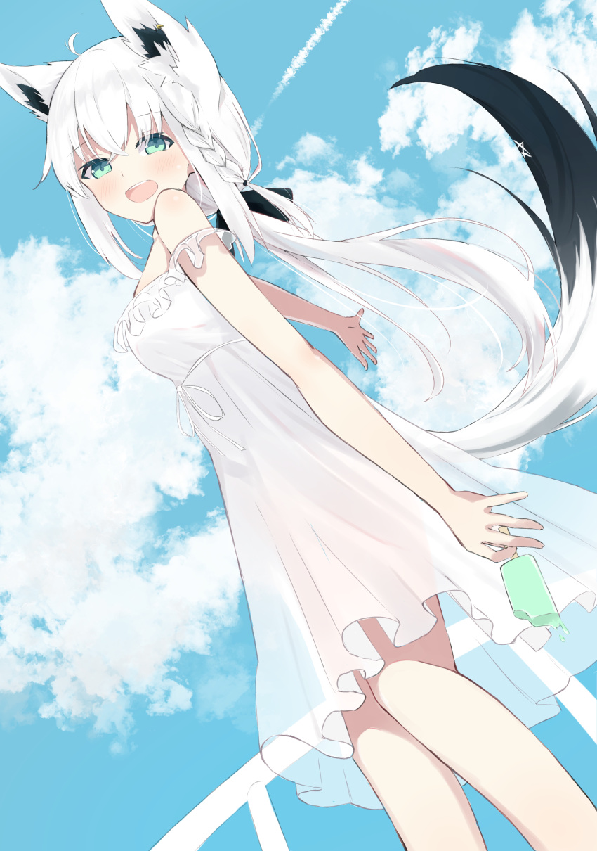 1girl :d absurdres akagikou animal_ear_fluff animal_ears bangs bare_shoulders blue_sky blush braid breasts clouds cloudy_sky commentary_request day dress dutch_angle eyebrows_visible_through_hair food fox_ears fox_girl fox_tail frilled_dress frills green_eyes hair_between_eyes highres holding holding_food hololive looking_at_viewer looking_to_the_side low_ponytail off-shoulder_dress off_shoulder open_mouth outdoors ponytail popsicle railing see-through shirakami_fubuki side_braid single_braid sky small_breasts smile solo tail upper_teeth virtual_youtuber white_dress white_hair