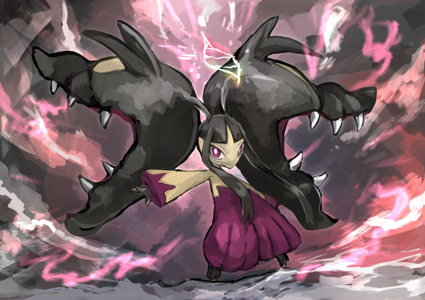 1girl absurdres arm_up bangs black_hair black_skin blunt_bangs closed_mouth colored_skin commentary day_walker1117 extra_mouth full_body gen_3_pokemon highres long_hair looking_at_viewer mawile mega_mawile mega_pokemon open_mouth outstretched_arm pokemon pokemon_(creature) red_background sharp_teeth sidelocks solo standing teeth violet_eyes yellow_skin