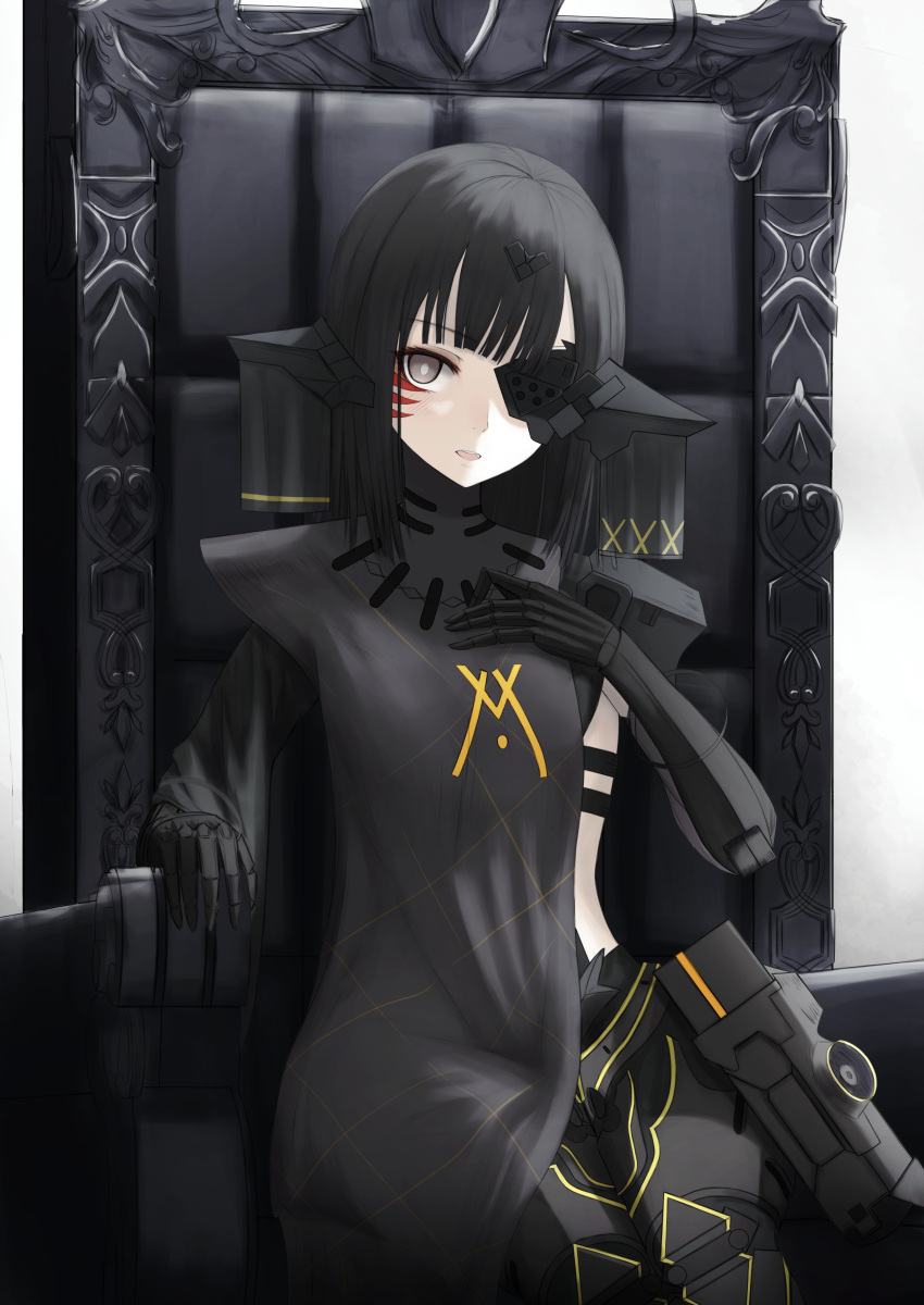 1girl absurdres android black_clothes black_hair chair english_commentary girls_frontline headgear highres looking_at_viewer mechanical_arms nyto_adeline_(girls_frontline) open_mouth paradeus solo thomas_8000 whisker_markings white_eyes