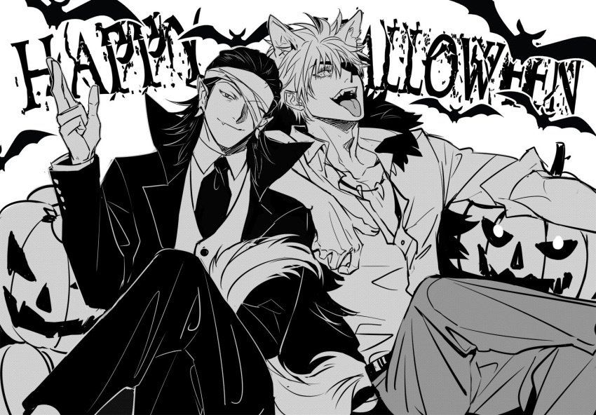 2boys animal animal_ear_fluff animal_ears bandage_over_one_eye bandages bat closed_mouth collarbone collared_jacket collared_shirt cowboy_shot crossed_legs dog_ears dress_shirt eyepatch fang fang_necklace getou_suguru gojou_satoru greyscale hand_up happy_halloween jack-o'-lantern jacket jujutsu_kaisen long_sleeves looking_at_viewer male_focus medium_hair monochrome multiple_boys necktie one_eye_covered open_mouth pants partially_unbuttoned shirt simple_background sitting sleeves_rolled_up smile tekla tongue tongue_out vest