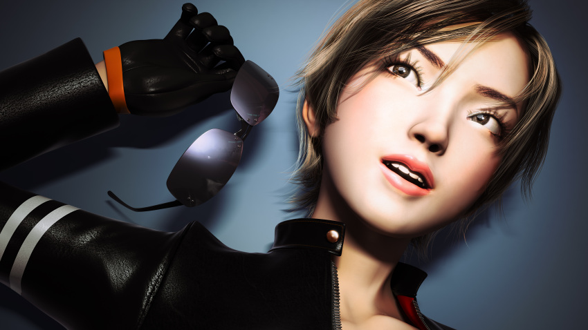 1girl 3d absurdres blue_background brown_eyes brown_hair collarbone eyewear_removed gloves highres jacket leather leather_gloves leather_jacket looking_away nagase_reiko namco open_clothes open_jacket realistic ridge_racer simple_background sunglasses