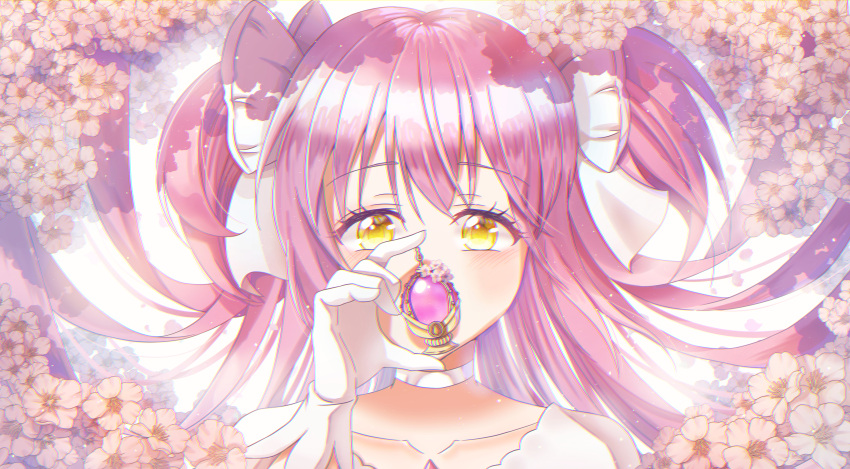 1girl absurdres backlighting cherry_blossoms choker chromatic_aberration close-up collarbone covered_mouth covering_mouth eyebrows_visible_through_hair eyelashes face flower gloves goddess_madoka hair_between_eyes hair_ribbon half-closed_eyes hand_up highres holding huge_filesize kaname_madoka light_blush light_particles long_eyelashes long_hair looking_at_viewer mahou_shoujo_madoka_magica pink_flower pink_hair pink_theme plumbago ribbon shadow shiny shiny_hair simple_background solo soul_gem spring_(season) straight_hair tareme two_side_up upper_body very_long_hair white_background white_choker white_gloves white_ribbon yellow_eyes