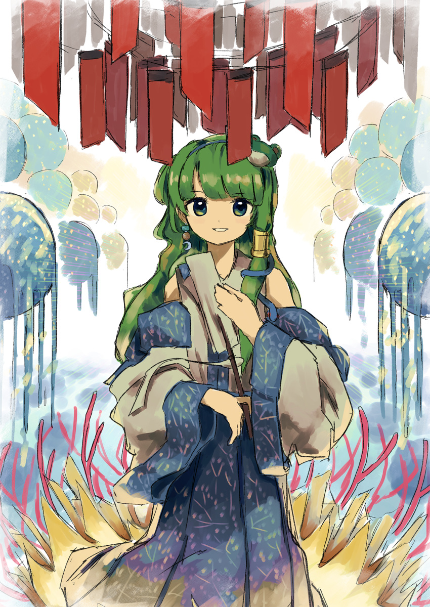 1girl blue_dress cropped_legs decorations detached_sleeves dress earrings frog_hair_ornament gohei green_eyes green_hair hair_ornament hair_tubes highres holding japanese_clothes jewelry kochiya_sanae light_smile long_sleeves miko neruzou nontraditional_miko snake_hair_ornament touhou wide_sleeves