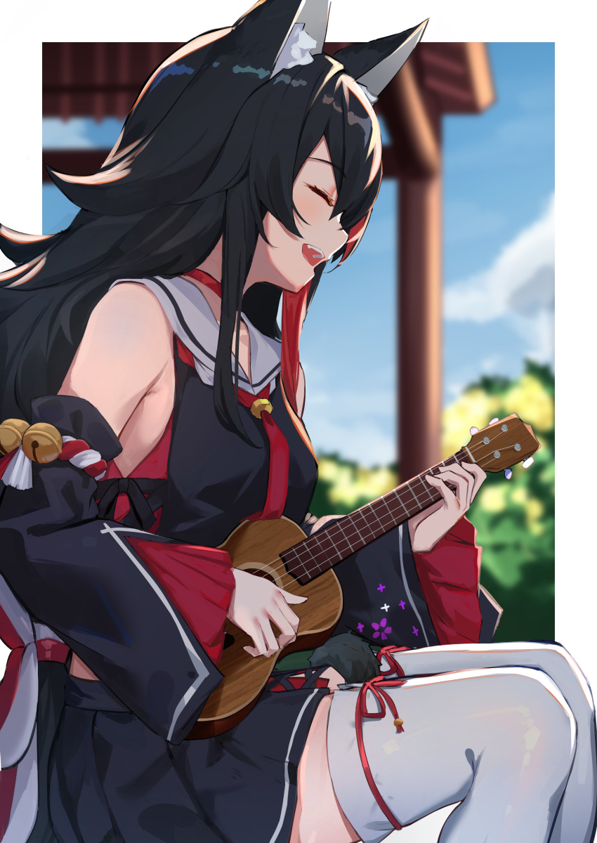 1girl absurdres animal_ear_fluff animal_ears bangs bell black_hair blurry bow breasts choker closed_eyes clouds depth_of_field detached_sleeves eyebrows_visible_through_hair flipped_hair floral_print hair_between_eyes highres hololive instrument isaya_(pixiv4541633) jingle_bell kouhaku_nawa long_hair multicolored_hair neckerchief ookami_mio open_mouth outdoors pillar pleated_skirt redhead ribbon sailor_collar sailor_shirt shirt sitting skirt sky sleeveless sleeves_past_wrists smile solo streaked_hair tail tail_wrap thigh-highs tree ukulele upper_teeth very_long_hair virtual_youtuber wolf_ears wolf_girl wolf_tail