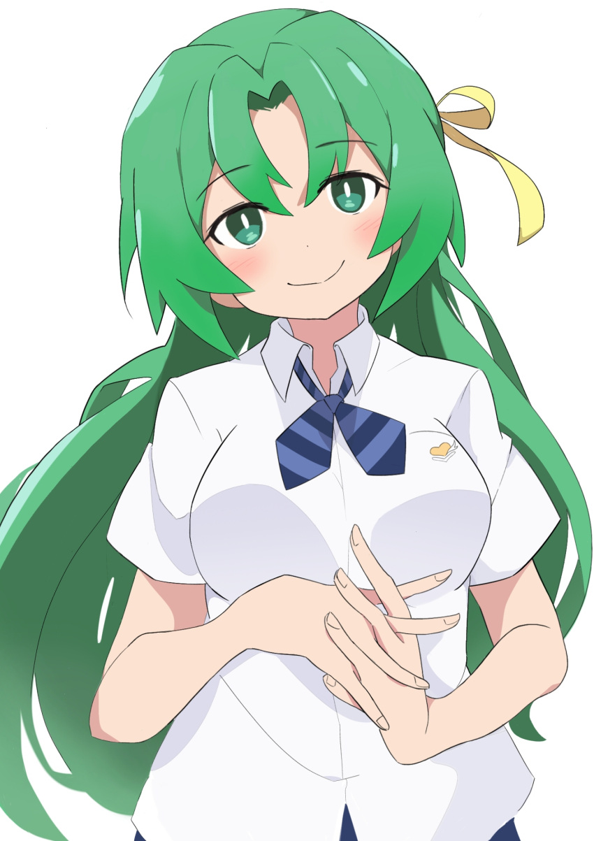 1girl :&gt; bangs blue_neckwear blush bow bowtie breasts bright_pupils commentary dot_nose eyebrows_visible_through_hair green_eyes green_hair hair_ribbon head_tilt highres higurashi_no_naku_koro_ni interlocked_fingers long_hair looking_at_viewer medium_breasts memoi ribbon shirt short_sleeves simple_background smile solo sonozaki_shion striped striped_neckwear white_background white_pupils white_shirt yellow_ribbon