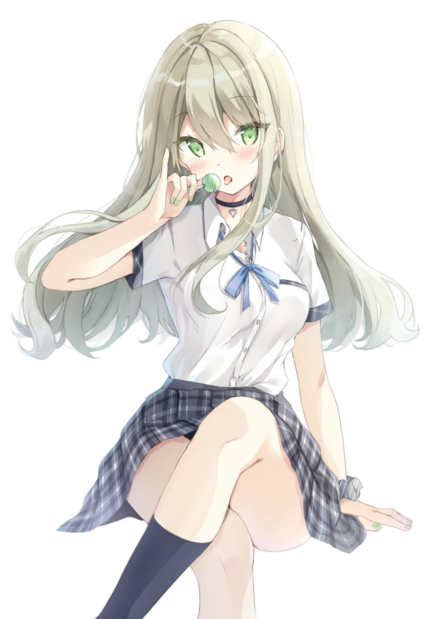 1girl arm_support black_choker black_legwear blush breasts candy choker collared_shirt commentary_request crossed_legs dress_shirt feet_out_of_frame food green_eyes green_nails grey_hair grey_skirt hand_up heart highres holding holding_candy holding_food holding_lollipop lollipop long_hair looking_at_viewer medium_breasts nail_polish original parted_lips plaid plaid_skirt pleated_skirt saeki_sora shirt short_sleeves simple_background sitting skirt socks solo tongue tongue_out very_long_hair white_background white_shirt