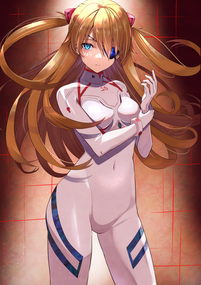 1girl absurdres appo_(36786257) blue_eyes bodysuit breasts covered_navel evangelion:_3.0+1.0_thrice_upon_a_time eyepatch hairpods highres huge_filesize interface_headset long_hair neon_genesis_evangelion orange_hair pilot_suit plugsuit rebuild_of_evangelion shikinami_asuka_langley skin_tight small_breasts solo souryuu_asuka_langley two_side_up white_bodysuit