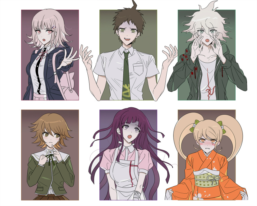 3boys 3girls :o ahoge animal_bag apron backpack bag bandaged_arm bandages bangs black_jacket black_shirt blonde_hair blush_stickers bow breast_pocket breasts brown_eyes brown_hair brown_skirt cat_bag cat_hair_ornament collarbone collared_shirt cropped_torso dangan_ronpa:_trigger_happy_havoc dangan_ronpa_(series) dangan_ronpa_2:_goodbye_despair derivative_work dress_shirt flipped_hair foreshortening frown fujisaki_chihiro furisode green_jacket green_neckwear hair_bow hair_ornament hands_up highres hinata_hajime hood hood_down hooded_jacket jacket japanese_clothes kimono komaeda_nagito large_breasts light_brown_hair long_hair long_sleeves medium_breasts multiple_boys multiple_girls nanami_chiaki neck_ribbon necktie nurse open_clothes open_jacket open_mouth orange_eyes orange_kimono otoko_no_ko outstretched_arm pink_eyes pink_ribbon pink_shirt pleated_skirt pocket print_shirt puffy_short_sleeves puffy_sleeves purple_hair ribbon saionji_hiyoko school_uniform shirt shirt_tucked_in short_hair short_sleeves skirt tearing_up tsumiki_mikan twintails upper_body upper_teeth vo1ez white_background white_shirt