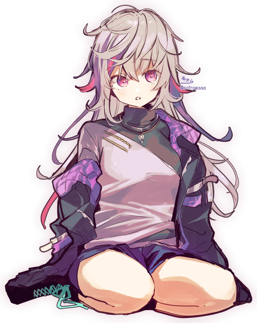 1girl absurdres bangs black_footwear black_jacket boots breasts commentary_request cross-laced_footwear eyebrows_visible_through_hair full_body fuwa_minato genderswap genderswap_(mtf) grey_shirt hair_between_eyes highres jacket lace-up_boots multicolored_hair nijisanji off_shoulder open_clothes open_jacket parted_lips purple_hair purple_shorts redhead shirt short_shorts shorts signature simple_background sitting sleeves_past_wrists small_breasts sofra solo streaked_hair twitter_username violet_eyes virtual_youtuber wariza white_background
