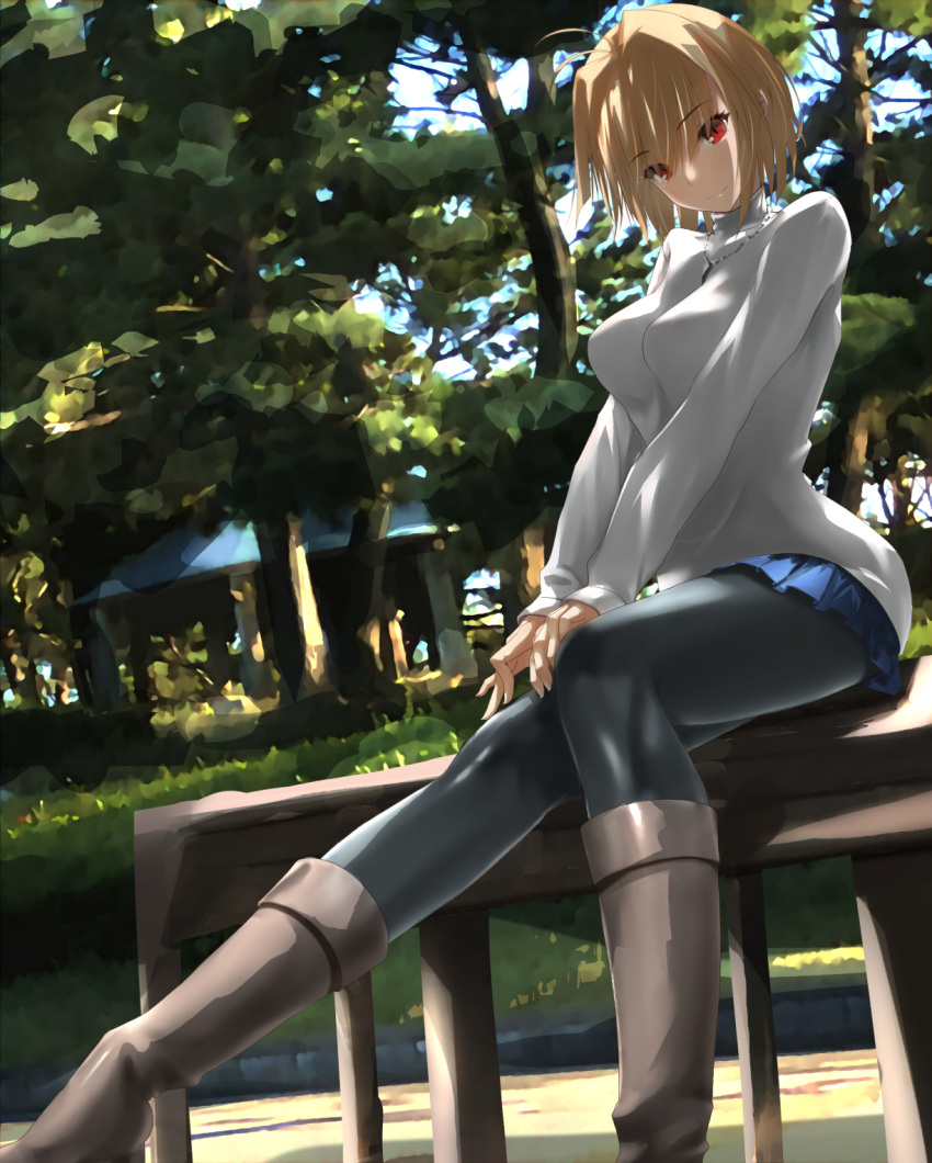 1girl arcueid_brunestud bangs black_legwear blonde_hair blue_skirt boots breasts hair_intakes highres jewelry large_breasts long_sleeves looking_at_viewer necklace pantyhose red_eyes sakazakinchan short_hair sitting skirt smile sweater tree tsukihime turtleneck white_sweater