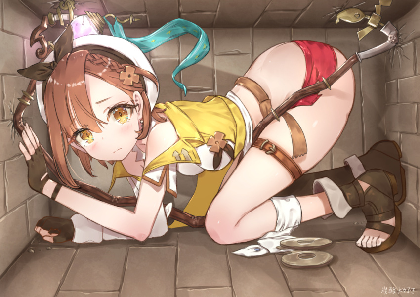 1girl all_fours atelier_(series) atelier_ryza atelier_ryza_2 bare_shoulders belt braid breasts brick brown_hair eyebrows_visible_through_hair fingerless_gloves from_side frown full_body gloves hanging_breasts hat light looking_at_viewer looking_to_the_side midriff orange_eyes red_shorts reisalin_stout sandals short_hair short_shorts shorts tansan_daisuki toes top-down_bottom-up