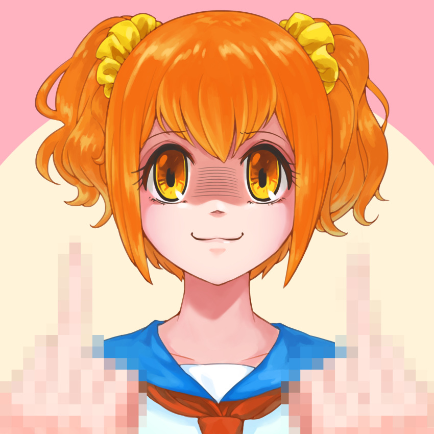 030_(pixiv_6510177) 1girl :3 absurdres bangs blue_sailor_collar censored closed_mouth collarbone commentary double_middle_finger eyebrows_visible_through_hair hair_ornament hair_scrunchie hands_up happy highres looking_at_viewer middle_finger mosaic_censoring neckerchief orange_eyes orange_hair poptepipic popuko red_neckwear sailor_collar school_uniform scrunchie serafuku shaded_face shiny shiny_hair shirt short_twintails sidelocks simple_background smile solo straight-on tied_hair twintails two-tone_background upper_body white_shirt yellow_scrunchie