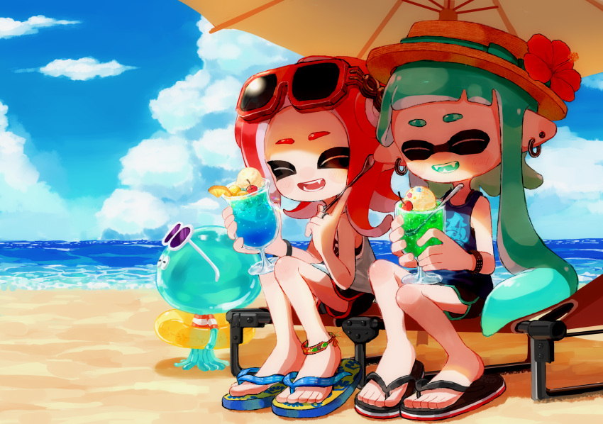 2girls anklet aqua_hair aqua_ribbon aqua_tongue bangs beach beach_chair beach_umbrella black_footwear black_shirt black_shorts blue_footwear blue_sky blunt_bangs boater_hat bracelet brown_headwear cherry closed_eyes clouds cloudy_sky cup day dolphin_shorts domino_mask ear_piercing earrings eyewear_on_head facing_viewer fangs flower food fruit hat hat_ribbon hibiscus highres holding holding_cup holding_spoon horizon ice_cream ice_cream_float inkling jellyfish_(splatoon) jewelry long_hair makeup mascara mask medium_hair multiple_girls myon_rio ocean octoling open_mouth outdoors piercing pointy_ears red_flower redhead ribbon sandals shirt shorts sitting sky smile splatoon_(series) spoon stud_earrings suction_cups tank_top tentacle_hair umbrella white_shirt