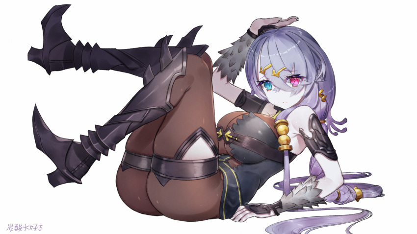 1girl arm_support armlet armored_boots ass atelier_(series) atelier_ryza bare_shoulders blue_eyes bodystocking boots breasts from_side gold hair_between_eyes hair_ornament hairclip heterochromia impossible_clothes large_breasts legs_up lila_decyrus long_hair looking_at_viewer pink_eyes purple_hair simple_background sitting skin_tight solo tansan_daisuki thigh_strap very_long_hair white_background