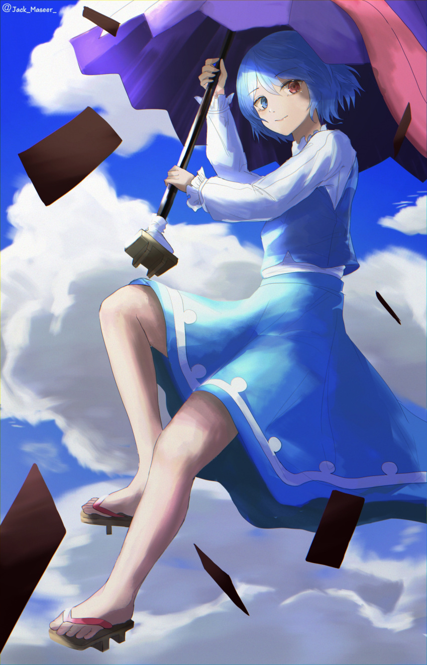 1girl artist_name bangs blue_eyes blue_hair blue_skirt blue_vest breasts card closed_mouth clouds cloudy_sky commentary_request eyebrows_visible_through_hair floating from_below full_body geta heterochromia highres holding holding_umbrella jack_masser karakasa_obake light_smile long_sleeves looking_at_viewer outdoors purple_umbrella red_eyes shirt short_hair skirt sky small_breasts solo tatara_kogasa touhou umbrella vest white_shirt