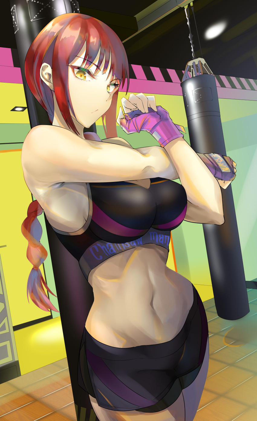 1girl absurdres asuo black_shorts black_sports_bra braid braided_ponytail breasts chainsaw_man closed_mouth crossed_arms eyebrows_visible_through_hair gloves highres long_hair looking_at_viewer makima_(chainsaw_man) medium_breasts navel ponytail redhead shorts solo sports_bra sportswear standing yellow_eyes