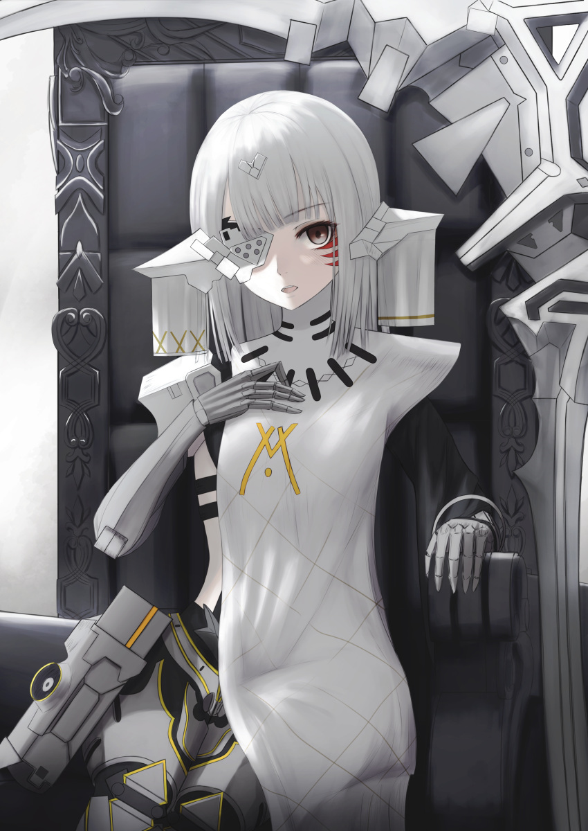 1girl absurdres android brown_eyes chair english_commentary eyebrows_visible_through_hair girls_frontline headgear highres looking_at_viewer mechanical_arms medium_hair nyto_alina_(girls_frontline) open_mouth paradeus scythe solo thomas_8000 weapon white_hair