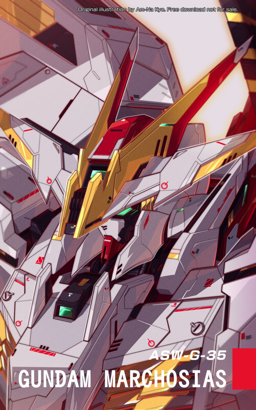 absurdres artist_name azzalea close-up from_side green_eyes gundam gundam_marchosias gundam_tekketsu_no_orphans gundam_tekketsu_no_orphans_urdr_hunt highres looking_down mecha mobile_suit no_humans science_fiction solo v-fin watermark
