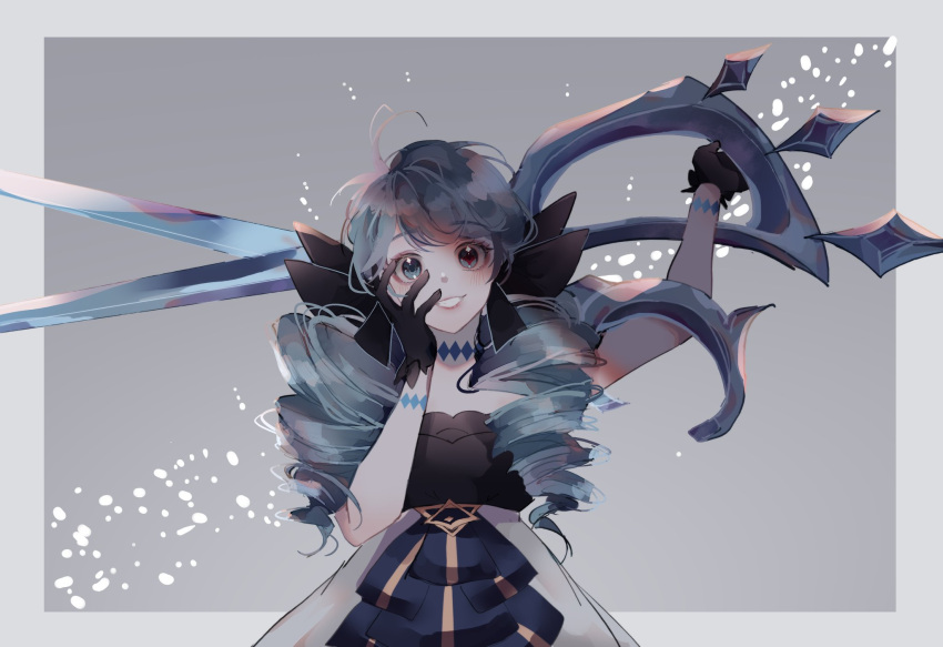 1girl bangs black_gloves blue_eyes blue_hair drill_hair english_commentary eyebrows_visible_through_hair eyeshadow gloves gwen_(league_of_legends) highres holding holding_scissors league_of_legends long_hair makeup oversized_object parted_lips red_eyeshadow scissors smile solo twin_drills twintails yenaiiru