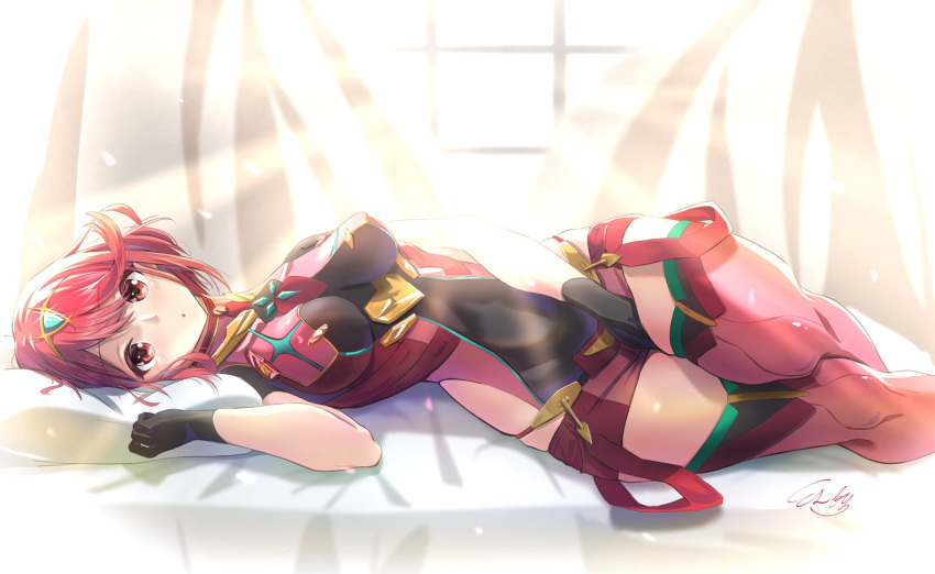 1girl bangs bed black_gloves breasts chest_jewel earrings fingerless_gloves gloves highres jewelry l-phy large_breasts pyra_(xenoblade) red_eyes red_legwear red_shorts redhead short_hair short_shorts shorts swept_bangs thigh-highs tiara xenoblade_chronicles_(series) xenoblade_chronicles_2