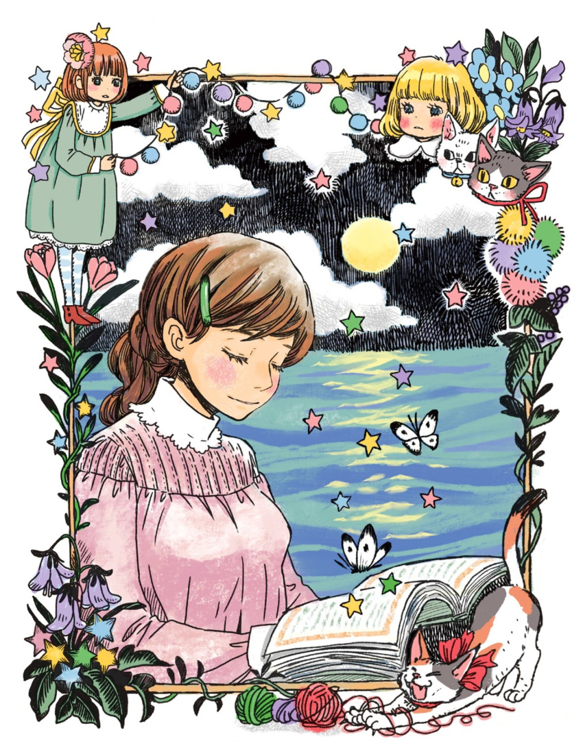 3girls alternate_costume alternate_hairstyle animal ankle_boots bell blonde_hair blue_flower blush bob_cut book boots border brown_hair bug butterfly cat chibi chibi_inset closed_eyes closed_mouth clouds cloudy_sky cropped_shoulders dot_nose dress eyelashes facing_viewer flat_chest flower full_body full_moon green_dress hair_flower hair_ornament hairclip happy head_down high_collar highres holding holding_book horizontal_stripes insect kawamoto_akari kawamoto_hinata kawamoto_momo leaf light_brown_hair light_smile long_sleeves moon moonlight multiple_girls night night_sky open_book pantyhose parted_lips pink_flower plant pom_pom_(clothes) ponytail purple_flower red_footwear reflection reflective_water sangatsu_no_lion siblings sisters sky star_(symbol) stretch string_of_light_bulbs striped striped_legwear umino_chika upper_body water white_border white_legwear yarn yawning