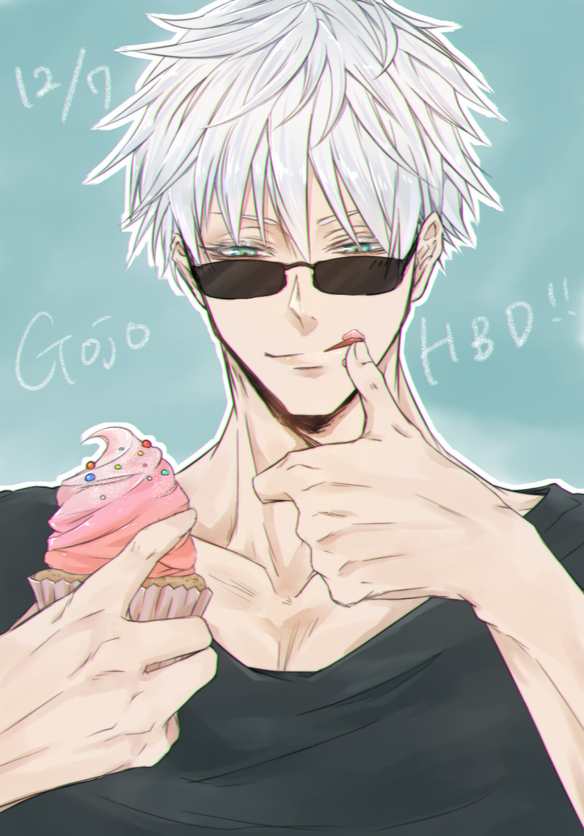 1boy ameyu_(ame12y) black_shirt blue_background blue_eyes character_name cupcake dated food gojou_satoru highres holding holding_food icing jujutsu_kaisen licking_lips male_focus shirt simple_background solo sunglasses thumbs_up tongue tongue_out white_hair