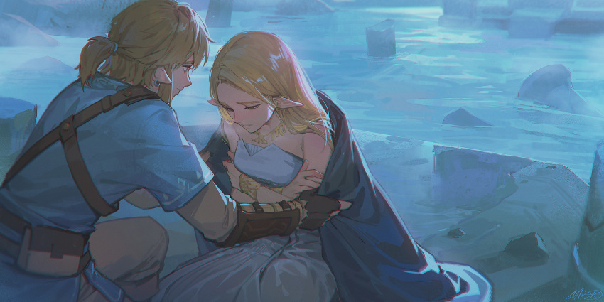 1boy 1girl alzi_xiaomi bare_shoulders blonde_hair blue_shirt cape dress earrings fingerless_gloves gloves highres jewelry link looking_at_another looking_down pointy_ears ponytail princess_zelda shirt the_legend_of_zelda the_legend_of_zelda:_breath_of_the_wild water white_dress