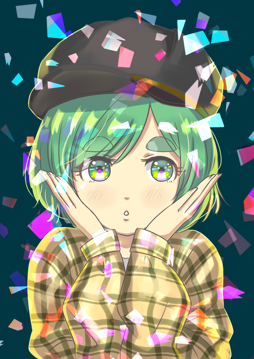 1girl absurdres bangs black_headwear blush confetti eyebrows_visible_through_hair futomayu-chan_(sinohira_rin) green_eyes green_hair hands_up highres long_sleeves original parted_lips plaid short_hair sinohira_rin solo upper_body