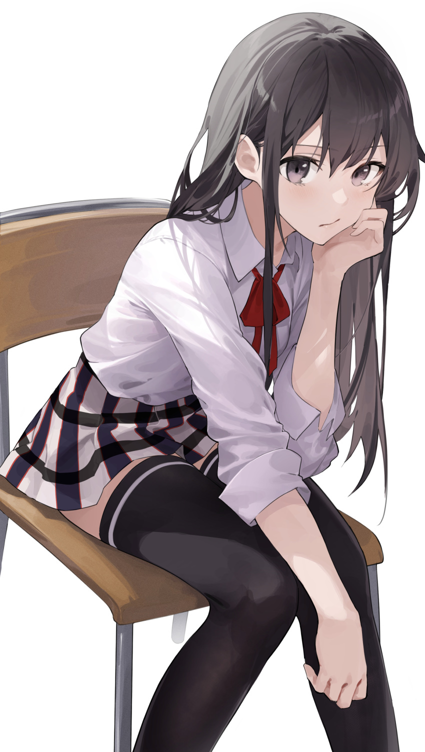 1girl absurdres black_eyes black_hair black_legwear chair collared_shirt hand_on_own_cheek hand_on_own_face highres long_hair looking_at_viewer miniskirt neck_ribbon plaid plaid_skirt pleated_skirt ribbon school_uniform shirt sidelocks simple_background sitting skirt solo star741 thigh-highs white_background white_shirt yahari_ore_no_seishun_lovecome_wa_machigatteiru. yukinoshita_yukino zettai_ryouiki