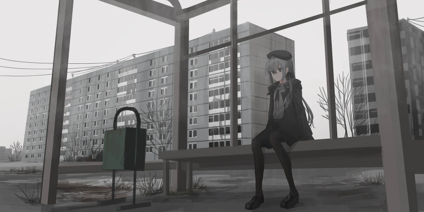 1girl bangs bare_tree bench beret black_footwear black_gloves black_headwear black_jacket black_legwear black_skirt building bus_stop chihuri closed_mouth collared_shirt dress_shirt eve_(chihuri) eyebrows_visible_through_hair gloves grey_eyes grey_hair grey_shirt hair_between_eyes hat highres jacket loafers long_hair long_sleeves looking_at_viewer open_clothes open_jacket original outdoors overcast pantyhose shirt shoes sitting skirt solo tree very_long_hair