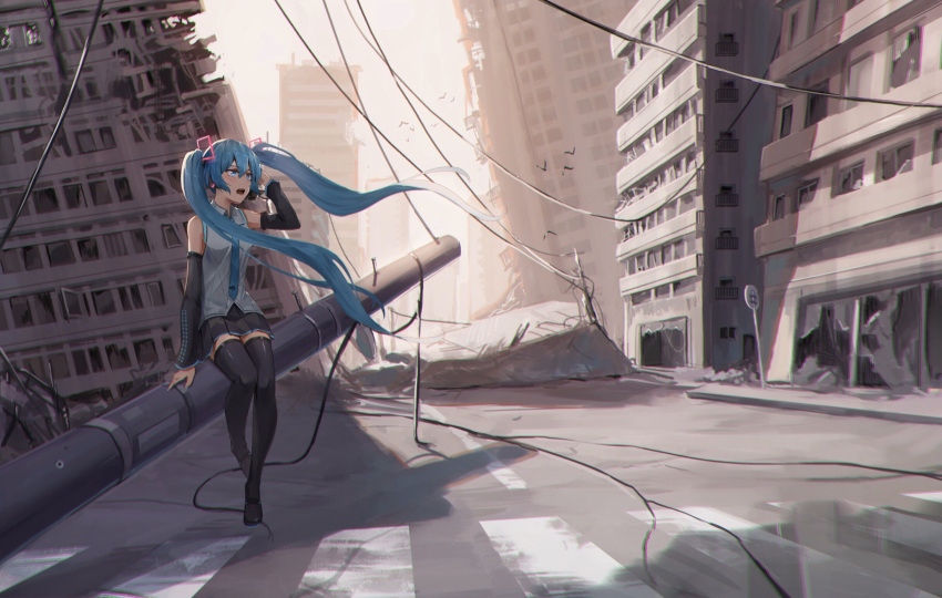 1girl aqua_eyes aqua_hair bare_shoulders bird black_legwear black_skirt blue_eyes blue_hair blue_neckwear boots broken_window building city commentary commentary_request detached_sleeves hair_ornament hatsune_miku highres im_catfood long_hair long_sleeves necktie open_mouth post-apocalypse power_lines road road_sign ruins scenery shirt sign sitting skirt skyscraper solo thigh-highs thigh_boots twintails utility_pole very_long_hair vocaloid