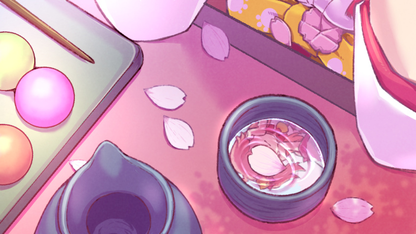 bell bow cherry_blossoms cup dango food hair_ornament hololive japanese_clothes jingle_bell kimono long_sleeves medium_hair niwashidori_maki one_side_up out_of_frame outdoors petals petals_on_liquid pink_hair reflection sakura_miko stick table teapot tray virtual_youtuber wagashi