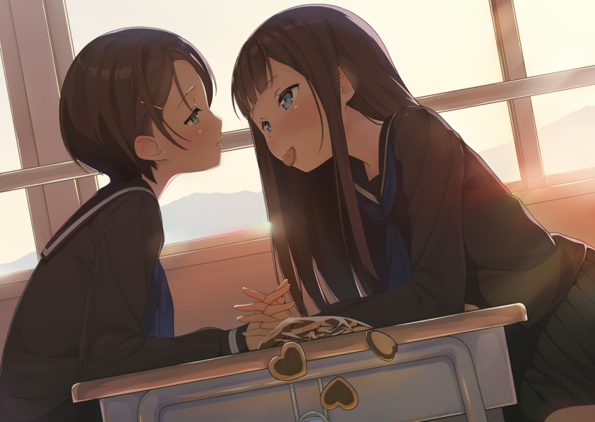 2girls backlighting bangs black_sailor_collar black_serafuku black_shirt black_skirt blue_eyes blue_neckwear blush brown_hair chair classroom commentary_request cookie day desk eye_contact eyebrows_visible_through_hair food hair_ornament hairclip hands_together heart holding_hands indoors interlocked_fingers long_hair long_sleeves looking_at_another multiple_girls neckerchief open_mouth original pleated_skirt sailor_collar school_desk school_uniform serafuku shirt short_hair sitting skirt sunlight symbol_commentary tsubure_manjuu valentine window yuri