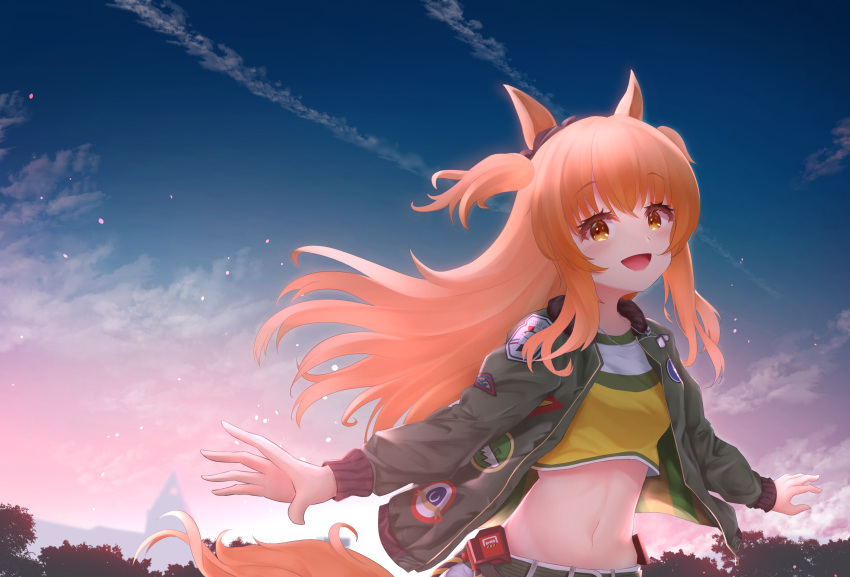 1girl :d absurdres animal_ears bangs basil_yuzune belt_buckle black_ribbon blush breasts brown_eyes buckle clouds commentary_request crop_top dog_tags ear_ribbon eyebrows_visible_through_hair gradient_sky green_belt green_jacket groin hair_between_eyes highres horse_ears horse_girl horse_tail jacket long_hair long_sleeves looking_at_viewer mayano_top_gun_(umamusume) midriff navel open_clothes open_jacket open_mouth orange_hair partial_commentary ribbon shirt shorts sidelocks sky small_breasts smile solo standing sunset tail twintails two_side_up umamusume upper_body very_long_hair white_shorts yellow_shirt