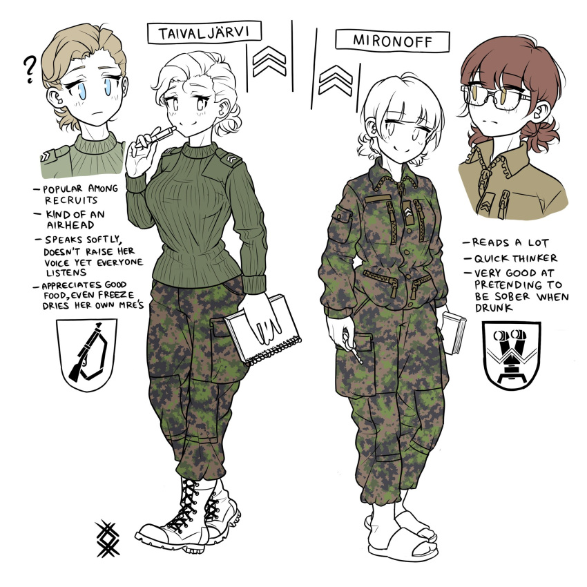 2girls blonde_hair blue_eyes book boots brown_eyes brown_hair camouflage camouflage_jacket camouflage_pants character_name english_text full_body highres holding jacket long_sleeves military military_rank_insignia military_uniform multiple_girls multiple_views notebook original ostwindprojekt pants partially_colored pen sandals short_hair simple_background smile sweater uniform white_background