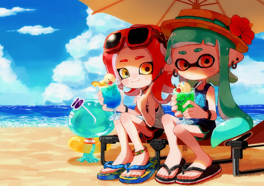 2girls anklet aqua_hair aqua_ribbon bangs beach beach_chair beach_umbrella black_footwear black_shirt black_shorts blue_footwear blue_sky blunt_bangs boater_hat bracelet brown_headwear cherry closed_mouth clouds cloudy_sky cup day dolphin_shorts domino_mask ear_piercing earrings eyewear_on_head flower food fruit hat hat_ribbon hibiscus highres holding holding_cup holding_spoon horizon ice_cream ice_cream_float inkling jellyfish_(splatoon) jewelry light_frown long_hair looking_at_viewer makeup mascara mask medium_hair multiple_girls myon_rio ocean octoling outdoors piercing pointy_ears red_flower redhead ribbon sandals shirt shorts sitting sky smile splatoon_(series) spoon stud_earrings suction_cups tank_top tentacle_hair umbrella white_shirt yellow_eyes